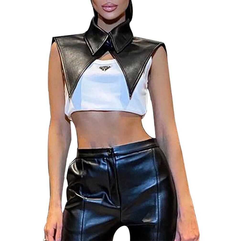 9352 Steampunk Leather Lapel Wraps with Choker Neck Button Motorcycle Crop